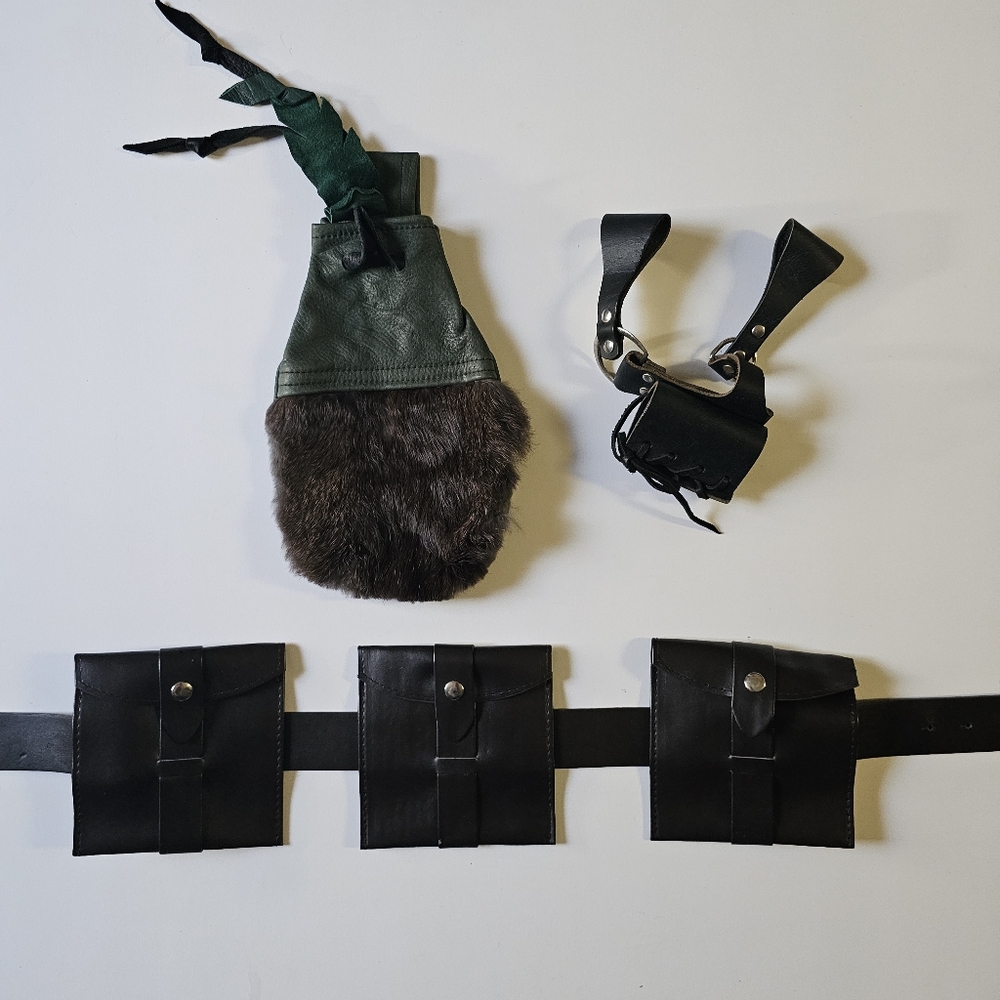 Vintage Medieval Steampunk Renaissance Leather & Fur Pouches, Belt, Sword Holder